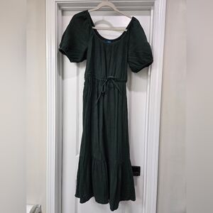 Old Navy Dark Green Midi Dress with Puff Sleeves